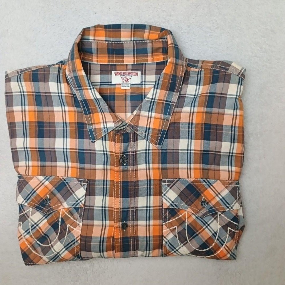 True Religion Shirt Mens 3XL Orange Plaid Button-Up Long Sleeve School Work